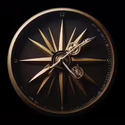an intricate golden compass clock against a black background