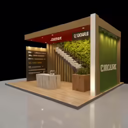 a trade show booth with a green wall and stairs