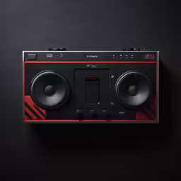 the radio is connected to two speakers and is black with red trim