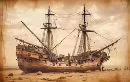 an old pirate ship in a beached setting