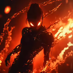a demonic looking cyber woman standing in a blazing scene