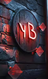 a lit up red letter mounted to a stone wall