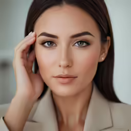 a woman that has a suit on and brown eyes