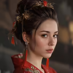 young asian woman wearing red with long gold necklace