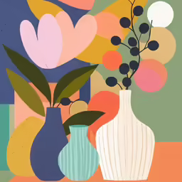 a painting of flowers in vases on the table