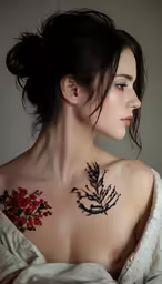 a young woman is sitting and showing off her artistic tattoos