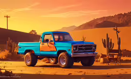 a blue truck driving down a road with a large wheel,a truck parked in the desert during sunset