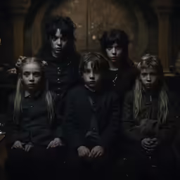 a family poses in dark clothes for a photo