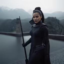 a woman dressed in black holding a sword