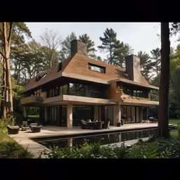 a modern house with large patios sits near trees