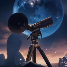 a telescope and a photo of a city at night