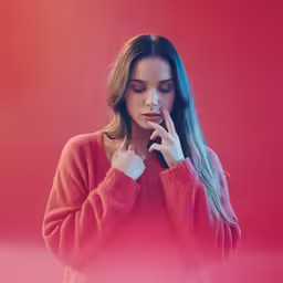 a woman is wearing a pink sweater as she poses for the camera
