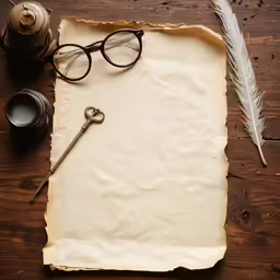 a book, key and a pen are on an old paper