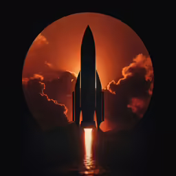 a jet rocket rising in the sunset over water