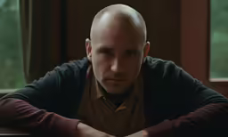 a man with a bald head sits at a table