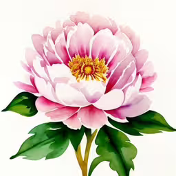 this painting shows a large pink flower with green leaves and watercol paints,the pink flower is painted on white paper