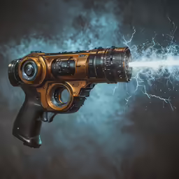 a golden pistol with lightening bolts coming out from it