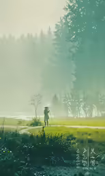 an asian painting with a person walking through a field