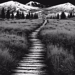 a black and white photo of mountains reflecting a path in the water,the dark side of nowhere photograph by person