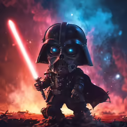 a darth vader in a space with fire and planets
