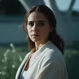 a woman posing with a white robe and hair in a field
