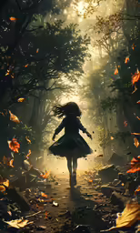 a little girl running down a dirt road in the woods