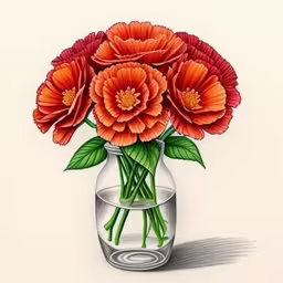 a painting of a glass jar with red flowers in it,a drawing of a vase filled with lots of flowers