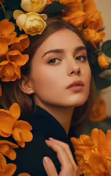 young woman with flower crown looking up at camera