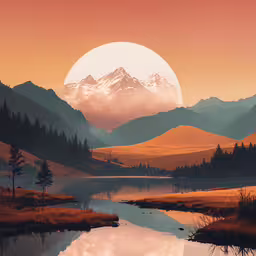 a sunset and mountain range in the background,a mountain landscape with a lake and trees at sunset