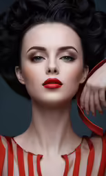 the woman has black hair and is wearing red lips