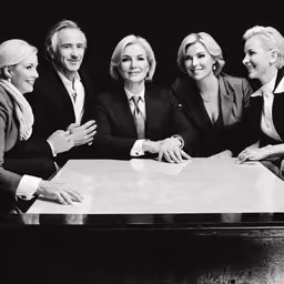 four people sitting around a table and posing for a photo
