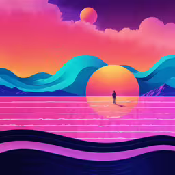 a person is standing on the shore in front of waves,a man stands on the shore as a sun sets in the background