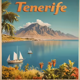 a painting of a landscape with boats and palm trees