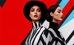 two women wearing matching black and white outfits with bright red lipstick