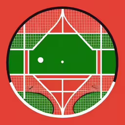 a red background with white lines on the top of tennis court,a screen capture with the title tennis,a poster with a ball and net in the middle,a sports field is in the center of the picture,there is a drawing of a tennis court and a ball in the net