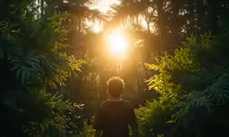 the sun is shining brightly behind a person walking through the forest