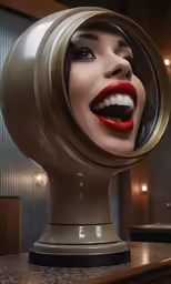 the girl is looking in the mirror for some lips