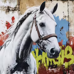 a white horse that is walking in the street