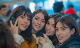four asian female friends laughing and holding their cell phones