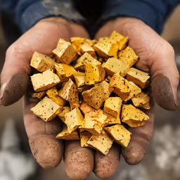 a person holding some sort of food with lots of brown flakes