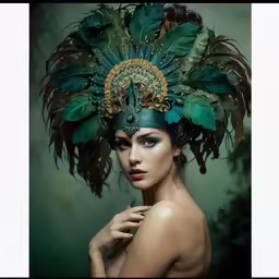 the woman has a green feathered headdress
