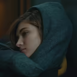 a girl is sitting in a car wrapped up in the blanket