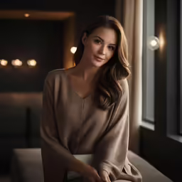 a woman poses in front of a window
