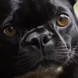 a dog looking intently at the camera with big eyes