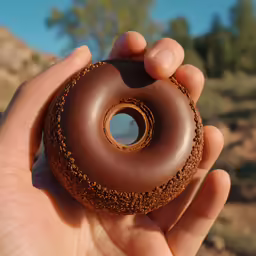a hand holding a chocolate donut outside in the sun