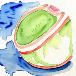 a watercolor painting of a green and red object,a watercolor of a ball and a drop of liquid,a painting of a green and blue ball,a watercolor drawing of a ball of food,this is a ball with different colors painted on it