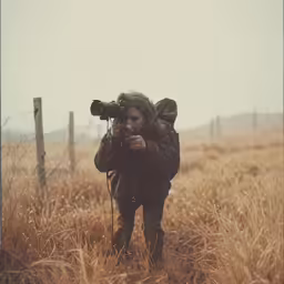 a woman standing in an open field taking a photo