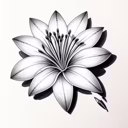a black and white painting of a flower on a wall,a drawing of a flower, as if it is drawn in pen,there is a drawing of a flower on the white background,a flower that has some petals on it,a drawing of a black and white flower