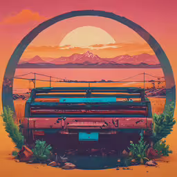 an old truck sitting in front of a lake with mountains in the background,a semi truck parked with the sun setting behind it