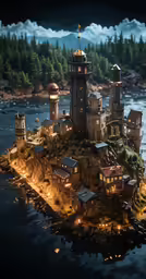 a very small island that has some lights on it